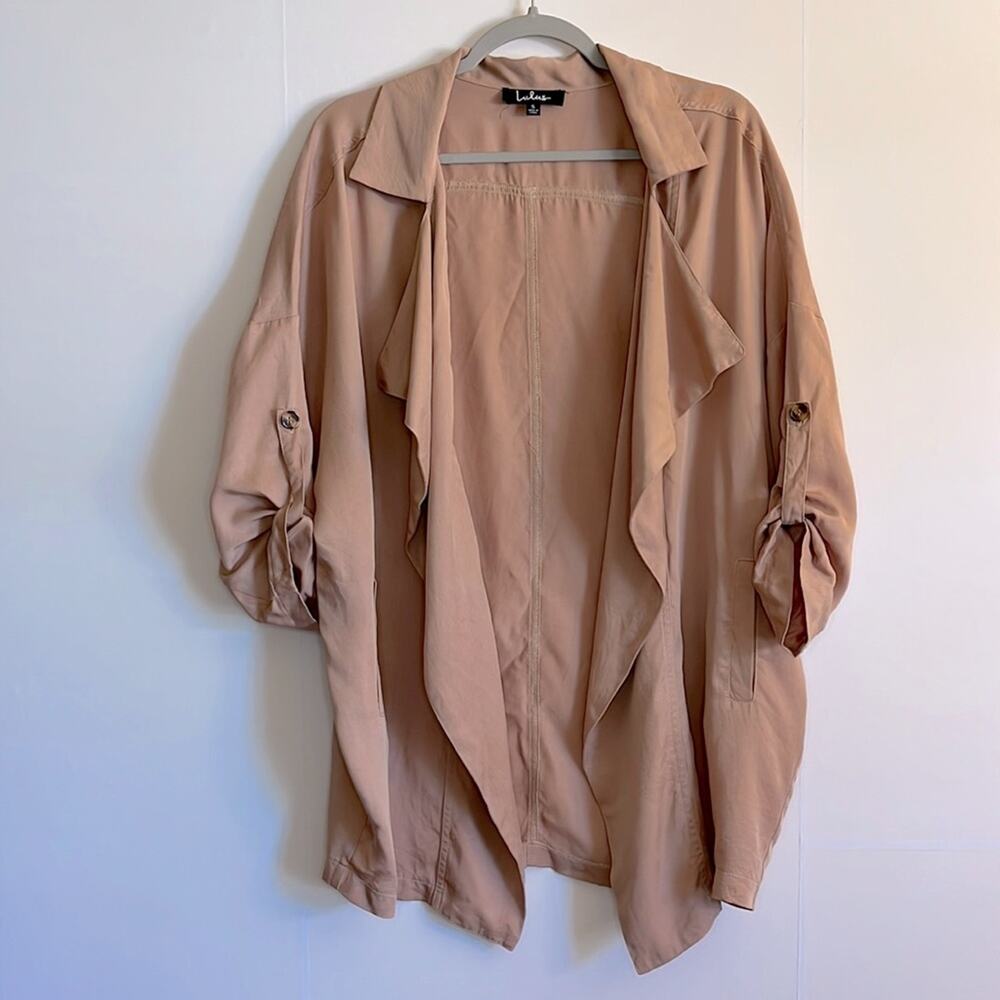 Lulus Lucky Break Beige Oversized Jacket Size S Draped Tencel Pockets Roll Tab